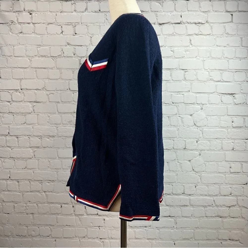 Vintage Cyntotles Americana Patriotic Nautical Cardigan Navy, w/ Red/White Trim